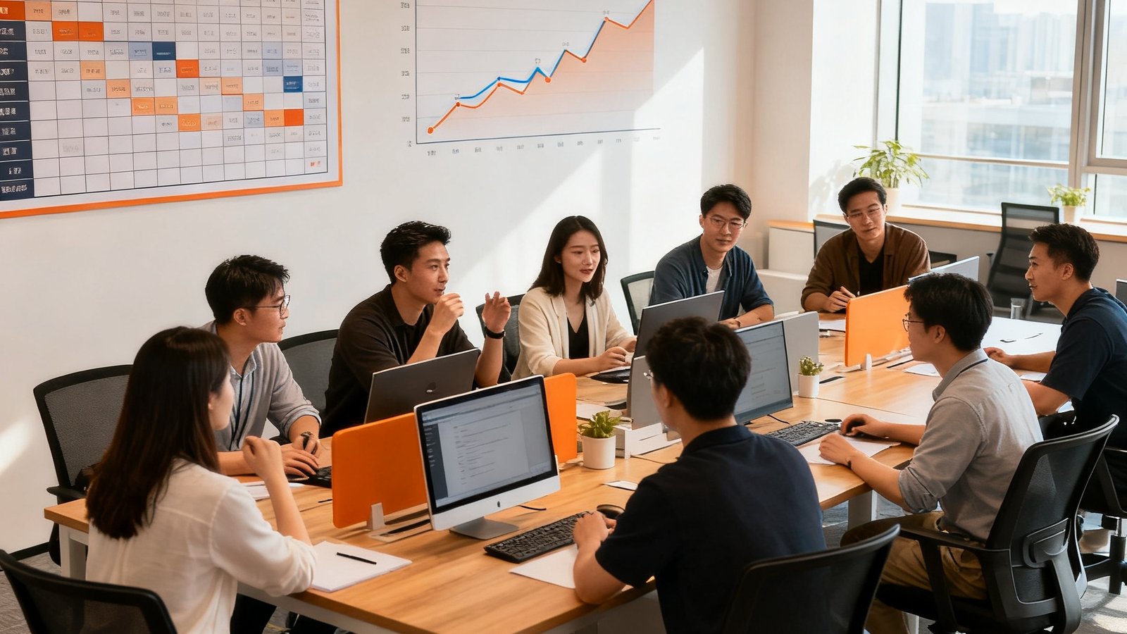看球宝杭州总部开放式办公区，十余位团队成员围坐在长桌前讨论产品方案，墙上挂着各联赛赛程表和用户增长曲线图