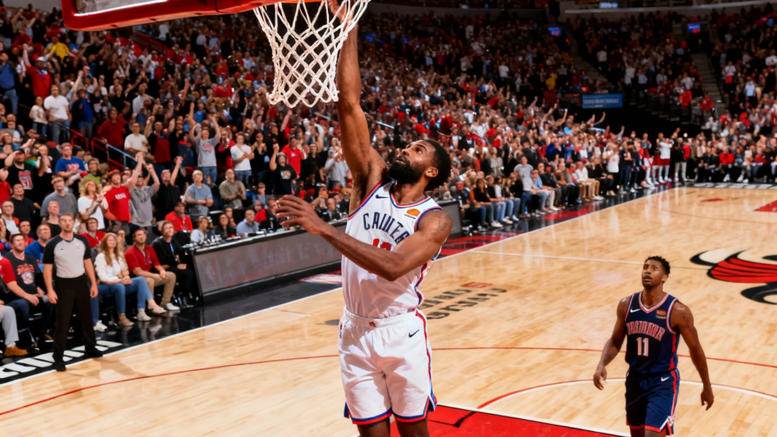 NBA比赛中球员单手暴扣，篮球已穿过篮网，篮筐微微震颤，背景中观众席一片沸腾